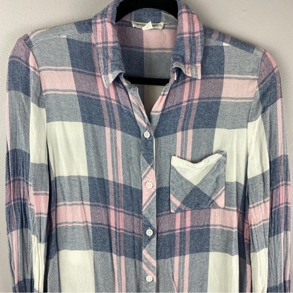 Beachlunchlounge Pink Blue Plaid Rayon Button Down Shirt XS - Picture 3 of 12